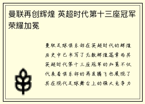 曼联再创辉煌 英超时代第十三座冠军荣耀加冕